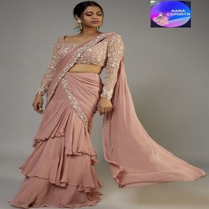 Designer Traditional Ruffled Layered Saree Embroidered Full Sleeve Blouse Dupatta Soft Rose <b>Pink</b> Georgette <b>Fabric</b> for Parties - Product Image 1