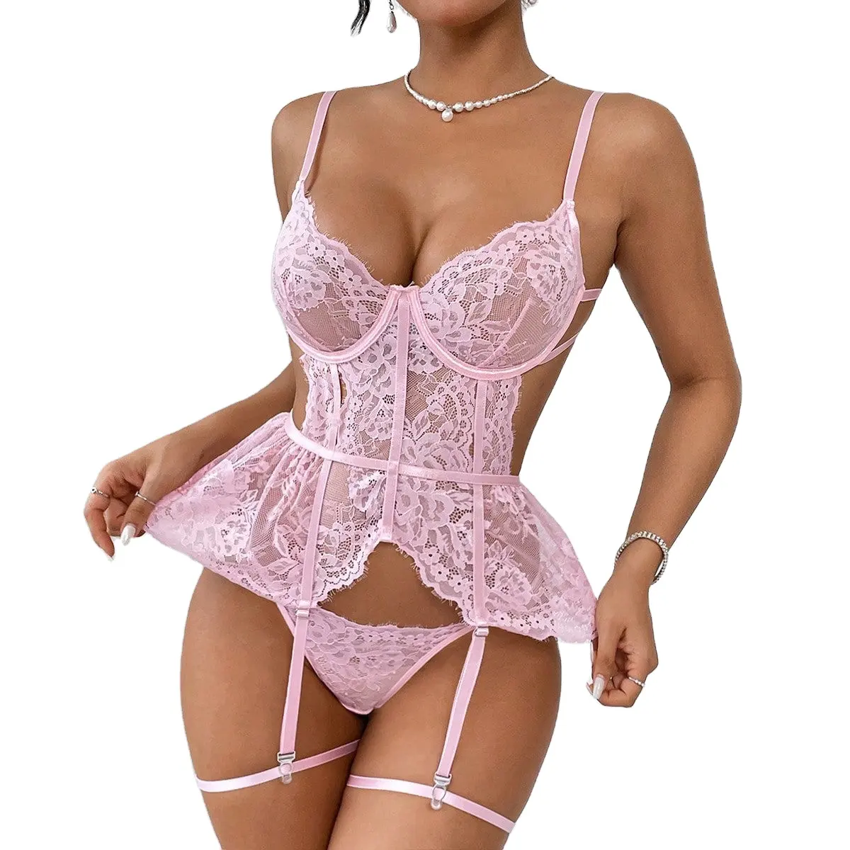 Vente chaude 4 pièces ensemble rose femmes Sexy dentelle sous-vêtements à armatures vêtements intimes pour femmes à forte demande