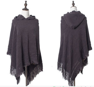 LRTOU RTS Oversized Solid Color Knitted Hooded <b>Poncho</b> Cape Crochet Fringed Tassel Shawl <b>Wrap</b> Made Polyester Multifunction - Product Image 4