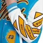 Chaqueta universitaria fina con cuello levantado de lana genuina con mangas de cuero azul cielo Béisbol de moda Letterman Bomber School College - Product Image 3