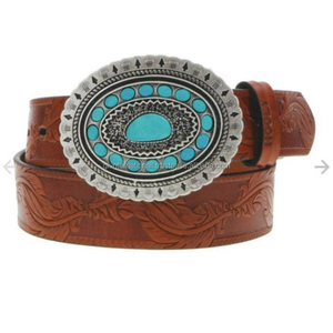 Cinturón de hombre de herramientas de cuero occidental marrón hecho a mano de calidad superior con hebilla de latón de forma ovalada turquesa de diseñador en todos los tamaños - Product Image 1