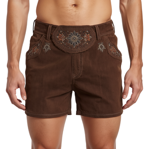 Pantalones Cortos de Cuero de Lujo con Bordado Tradicional en Gamuza de Chocolate, Fabricante OEM Premium - Product Image 1