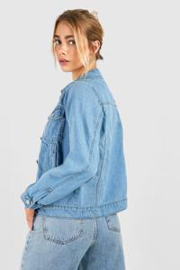 Blouson en jean tricoté pour femme, bleu clair, surdimensionné, délavé, effet usé, imperméable, respirant, à boutons, long - Product Image 2