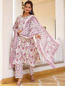 Mujeres étnicas Floral impreso ojo de cerradura cuello puro algodón Kurta con pantalones y Dupatta indio pakistaní salwaar kameez traje - Product Image 2