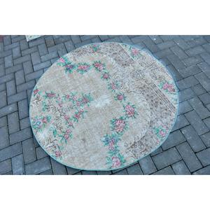 Turkish Rectangle Rug 4.3x4.4 ft Vintage <b>Brown</b> <b>Wool</b> Eco Friendly Rug with Patchwork Pattern and Latex Backing - Product Image 2