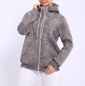 Sudadera con Capucha para Mujer, Tejida, Gris, Ecológica, Estilo Vintage, Lavada, con Cierre Completo, Bolsillo Tipo Canguro, Informal, Cálida, para Otoño - Product Image 5