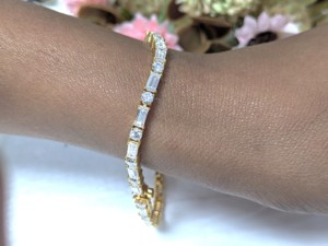 Classic Round-Baguette Cut Moissanite Tennis <b>Bracelet</b> Yellow Gold Plated Luxury Jewelry Gift for Her Engagement Party - Product Image 4