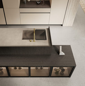 Juego de Muebles de Cocina de Estilo Italiano Moderno y Lujoso, Diseño Minimalista con Puertas de Vidrio y Chapa de Madera Oscura, Diseños Modulares de Isla de Cocina para Villa - Product Image 4