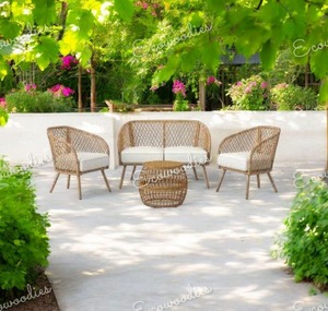 Sofá de bambú de 2 plazas ecológico de lujo para exteriores hecho a mano de bambú de estilo moderno + 2 sillas con sofá otomano para terraza de jardín - Product Image 2