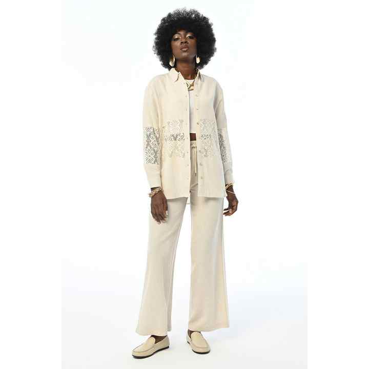WOMEN'S LINEN SHIRT WITH LACE EMBROIDERED FRONT and SLEEVES