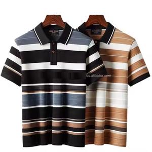 เสื้อโปโลสำหรับผู้ชายทำเองได้เส้นด้ายย้อมคอตตอน100% ดีไซน์ลายทางทึบแขนสั้นถักแบบดูสูง XL - Product Image 2