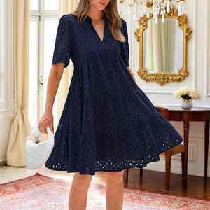 Robe de jour élégante en coton pour femmes, manches courtes, ligne A, taille naturelle, dentelle tissée, décoration, cadeau parfait - Product Image 1