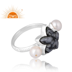 Latest Selling 925 Sterling Silver Natural Snowflake Obsidian & <b>Pearl</b> Gemstone <b>Ring</b> Custom Jewelry For Women Gift For Her - Product Image 4