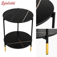 Table basse ronde moderne et durable KD, table d'appoint à 2 niveaux avec cadre métallique, étagère de rangement, table de chevet en MDF pour salon, couleur noire