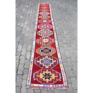พรมวินเทจลายรันเนอร์ ขนาด 2.3x12.1 ฟุต พรมตุรกี พรมขนสัตว์สีแดงสไตล์เซาท์เวสเทิร์น - Product Image 1