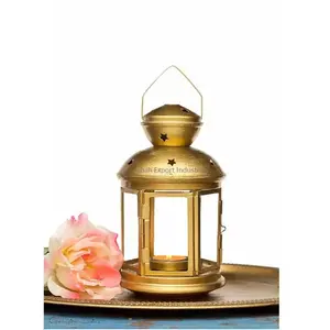 Customized Design Metal & Glass Mini Candle Lantern Antique Gold Finished For Wedding & Home Tabletop Decoration