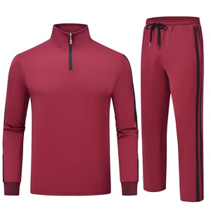 Ensemble de survêtement rouge pour homme, demi-zip, manches longues, couleur unie, sportif, séchage rapide, pantalon de jogging avec poches latérales et cordon de serrage - Product Image 1