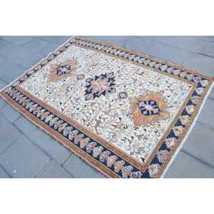 Alfombra Turca Vintage de 4.5x6.3 pies, Alfombra de Lana Azul con Diseño de Patchwork - Product Image 2