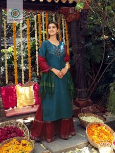 Diwali Collection Nouvelle Variété Élégance Dressing Tendance Coton Soie Kurti Sharara Avec Dupatta Avec Travail À La Main Au Taux Le Plus Bas - Product Image 3