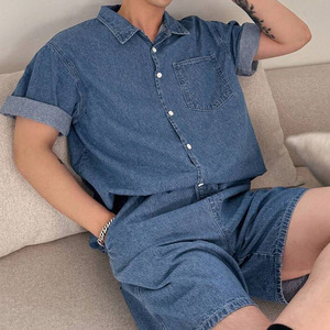 Versión Coreana de los hombres del traje exterior de mezclilla Colocación informal Guapo Chaqueta de moda Tops y pantalones cortos impresos - Product Image 1