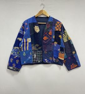 Handmade Kantha Cotton <b>Jacket</b> with Embroidery Reversible <b>Short</b> Winter Coat with Floral Print for Women - Product Image 1