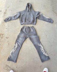 Vintage Unisex Plus Size Acid Wash Fleece Breathable <b>Tracksuits</b> 100% Cotton Flare Hoodie Set Distressed Patch Embroidered Sun - Product Image 2