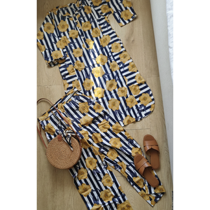 Conjunto de Kurta Floral de Crepé Transpirable para Uso Diario con Rayas Solares, Cómodo y Elegante para Mujer - Product Image 1