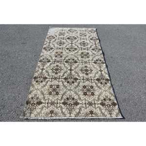 Turkish Vintage Area Rug 3.6x6.9 ft, <b>Brown</b> White Floral <b>Wool</b> Rug - Product Image 1