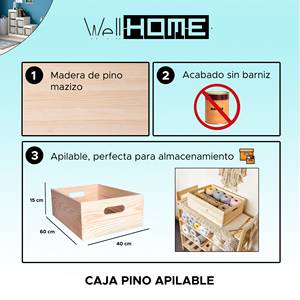 WELL HOME Scatola di Stoccaggio Impilabile in Pino Massiccio 60x40x15cm per Organizzazione Domestica - Product Image 2