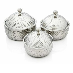Bol en argent martelé lot de 3 plats de service décoratifs en métal avec couvercle pour service de cuisine et décoration de table - Product Image 1