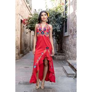 Vestido Maxi con Cuello en V, Bordado Floral, Cintura Natural, Lavable, Dobladillo Asimétrico con Volantes, Color Personalizado para Mujer, Ropa para Fiesta Mexicana - Product Image 2