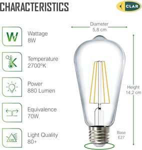 Clar-vintage E27 <span class=keywords><strong>LED</strong></span> <span class=keywords><strong>Bulb</strong></span> 8 Wát <span class=keywords><strong>Filament</strong></span>, trang trí Retro thiết kế cho chiếu sáng trong nhà - Product Image 2