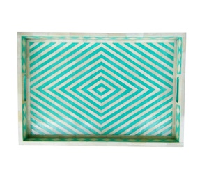 Bandeja de servicio contemporánea geométrica verde bandeja de servicio con incrustaciones de hueso antiguo para encimera de mesa de centro de fabricante indio - Product Image 1