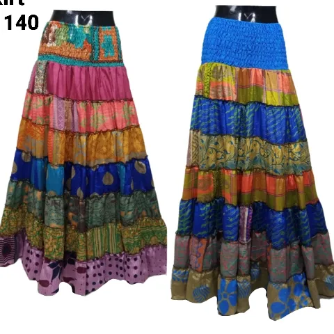 Jupe de style vintage indien bohème, jupe décontractée en soie et sari, jupe longue à volants, motifs modernes, style fantaisie