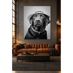 Portrait de Labrador noir et blanc avec chapeau, impression sur toile - Product Image 5