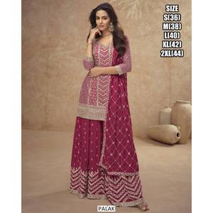 Costume Sharara Plazo avec dupatta à franges, col rond, manches trois quarts, longue robe ethnique Anarkali, costume de mariage Punjabi brodé - Product Image 2