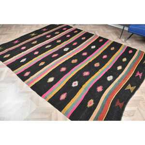 พรมตุรกีขนาดใหญ่ 6.6x8.7 ฟุต พรมวินเทจสีดำชมพู พรมขนสัตว์แบบตะวันออก - Product Image 5