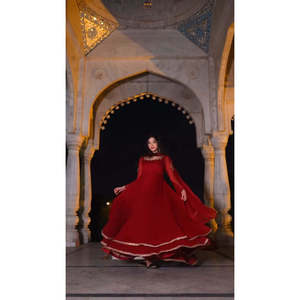 Handmade <b>Red</b> Organza A-Line Long Frocks Elegant Floor-Length Prom Dresses <b>Sequined</b> XS Crocheted Techniques for Elegant Looks - Product Image 1