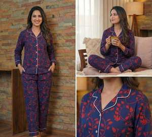 Conjunto de Pijama de Algodón Estampado en Bloque, Tejido Térmico, Estilo Indio, Ropa de Dormir de Algodón Puro con Camisa para Mujer, Alta Calidad, Suave - Product Image 3