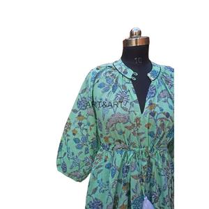 Midi vestido de verano Indio de algodón con estampado de bloque de mano Floral con cuello en V String Closer algodón suave de talla grande regalo de mujer para ella - Product Image 4