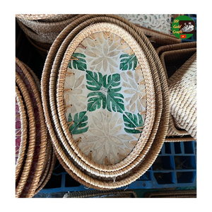 Mix Rattan Mother of Pearl Mosaic Serving <b>Tray</b> Handmade Natural Rattan Mosaic <b>Tray</b> Export, Rattan Round <b>Tray</b> Inlay <b>Kitchen</b> Wares - Product Image 2