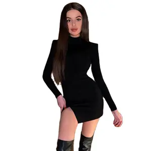 2024 robes noires sexy avec fente robes décontractées à manches longues et col haut robes de style de rue pour filles chaudes