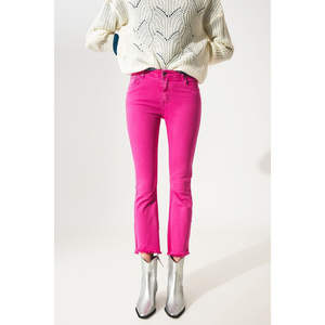 Jean évasé fuchsia à ourlet brut en denim respirant, style décontracté urbain, taille élastique, taille mi-haute, taille XL - Product Image 4