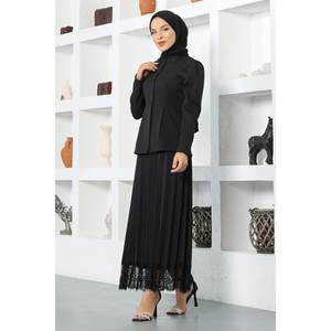 Conjunto de Falda Casual Diaria Dantel: Top Largo con Cuello con Volantes y Falda Midi de Poliéster Tejido, Diseño Liso Estampado para Primavera - Product Image 1