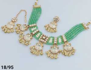 <b>Crystal</b> Stylish Design Fancy Gold Plated Traditional Motipearl Kundan Studded Choker Necklace Earring Mangtika Set&Jewellery Set - Product Image 2