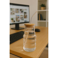 Mug en verre moderne ERKUGO Girafe 900 ml grande capacité avec couvercle en bambou et paille offerte, compatible lave-vaisselle et micro-ondes