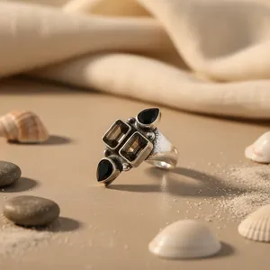 Art Palace 925 Silver Smoky <b>Quartz</b> Gemstone <b>Ring</b> Geometric Bezel Setting Vintage Style Women's Everyday Wear From Rajasthan - Product Image 3