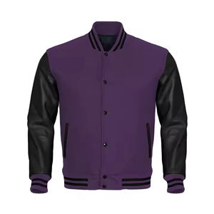 Veste de baseball universitaire style varsity, manches en cuir blanc, corps en laine violette, taille XL, col montant, motif hivernal - Product Image 5
