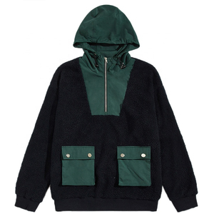 Oem University Baggy Sherpa Pullover 14 Zip Sweat Deux Poches Boutonnées Sweat à Capuche Patchwork en Polaire Sherpa pour Homme - Product Image 1