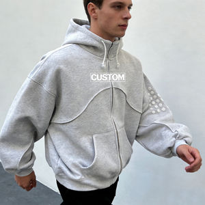 Sweat à capuche décontracté surdimensionné pour homme, gris clair, en coton, avec fermeture éclair, imprimé personnalisé et décor à pois blancs - Product Image 4